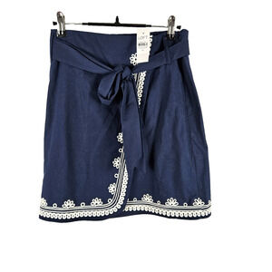 LOFT NWT Scroll Embroidered Faux Wrap Skirt Size 00 Blue White Zip Belt Work